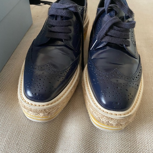 PRADA NAVY PATENT LEATHER YELLOW MICROSOLE PLATFORM ESPADRILLE BROGUES - Picture 4 of 11